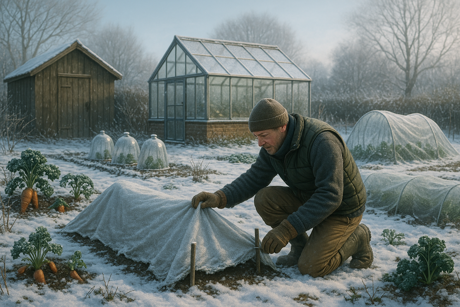 Сад зимой, растения укрыты агроволокном для защиты от мороза