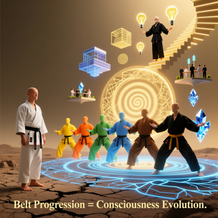 <img src="karate-belts-innovation-leadership.jpg" alt="Karate belt progression showing consciousness transformation and creation of new industries">
