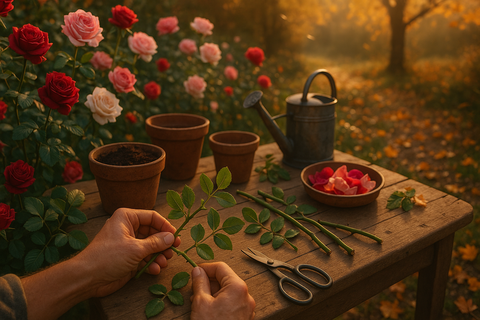 Черенок розы, наклонно посаженный в подготовленный грунт под углом 45 градусов для осеннего размножения