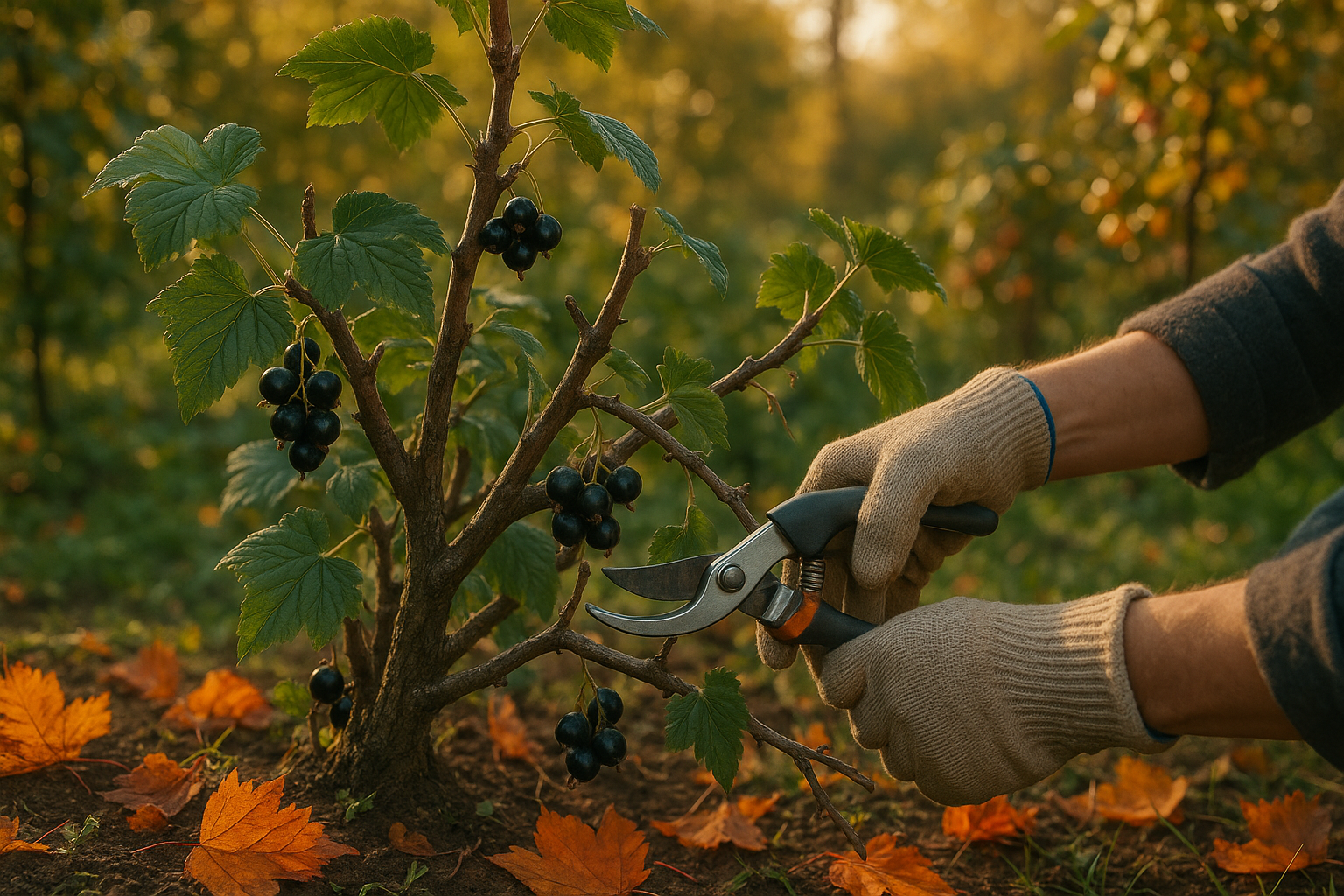 Осенняя обрезка черной смородины секатором под углом 45 градусов на кусте с очищенными от старых веток и листвы побегами