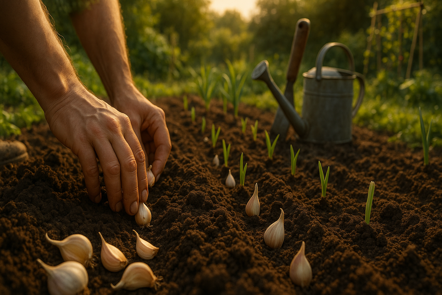 Правильная посадка озимого чеснока зубками в борозды с оптимальным расстоянием между рядами