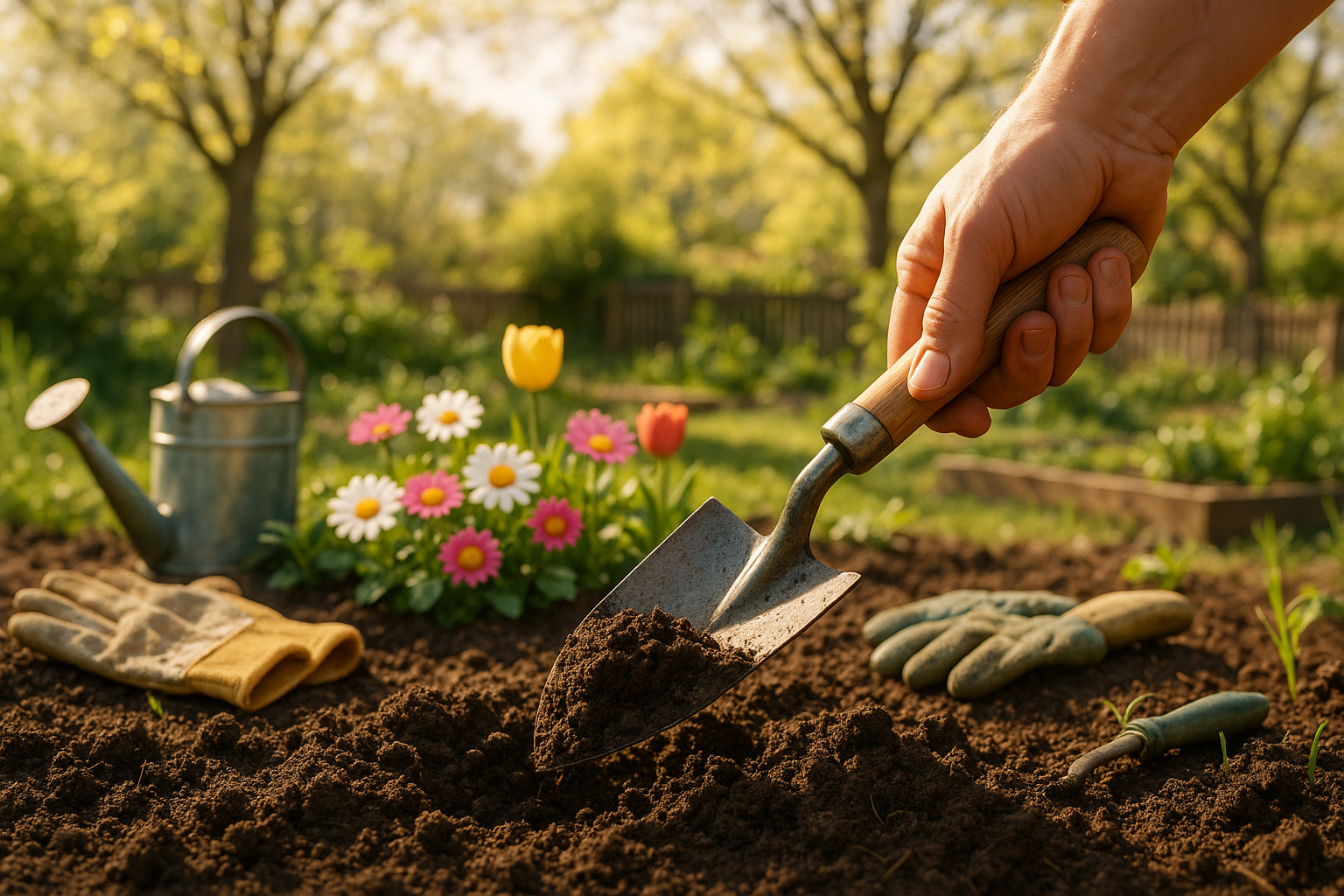 Маленькая садовая лопата с деревянной рукояткой на фоне грядки