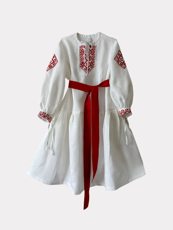 Славяночка. Платье льняное, белое в этностиле с вышивкой PL-422611 Славяночка. Платье льняное, белое в этностиле с вышивкой PL-422611