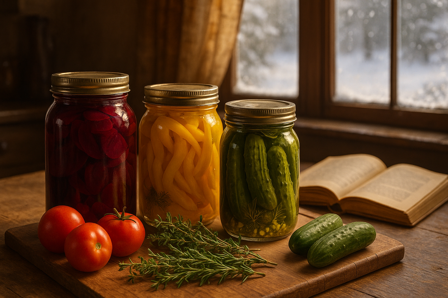 Стеклянная банка с овощным ассорти — цветная капуста, помидоры, огурцы и сладкий перец в маринаде для зимних заготовок