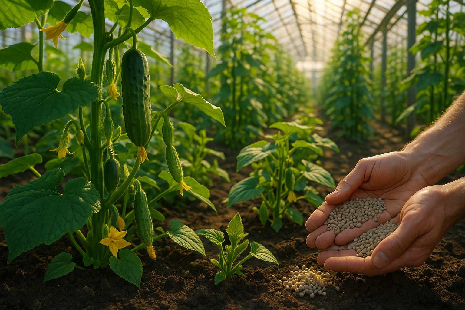 Огурцы в теплице с листьями и плодами на фоне удобрений для правильной подкормки