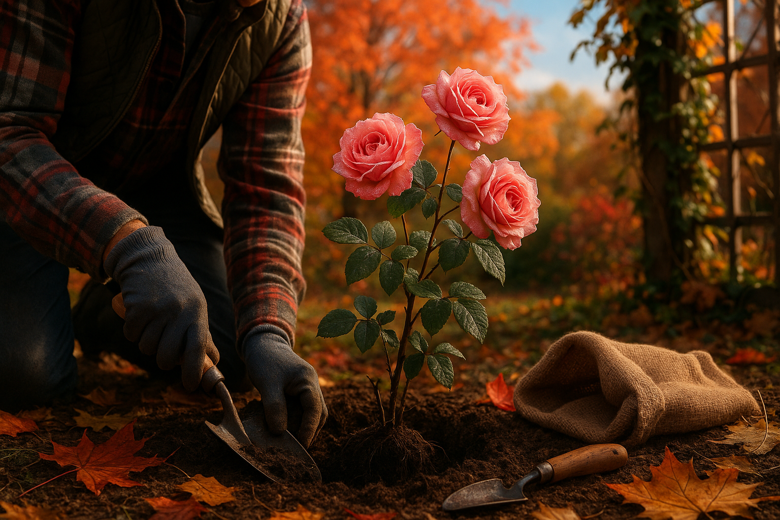 Плетистая роза с корнями в процессе осенней пересадки в саду