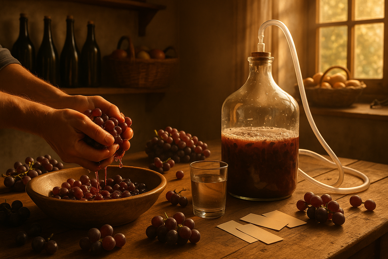 Домашнее виноградное вино в стеклянной бутыли с виноградом на фоне