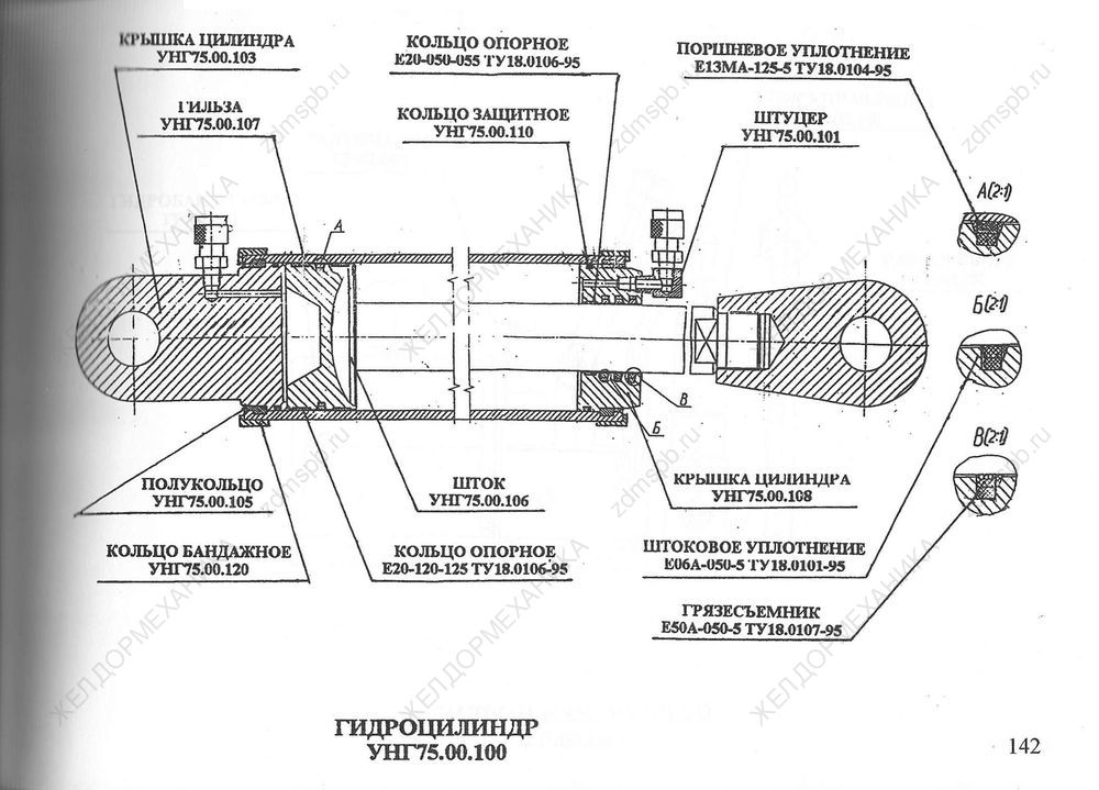 Стр. 142 Чертеж Гидроцилиндр УНГ75.00.100