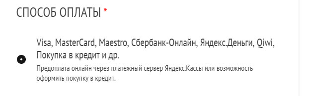 Способ оплаты Visa, MasterCard, Maestro, Сбербанк-Онлайн, Яндекс.Деньги, Qiwi, Покупка в кредит и др.