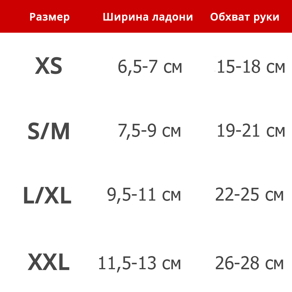 Таблица размеров перчаток с подогревом Redlaika