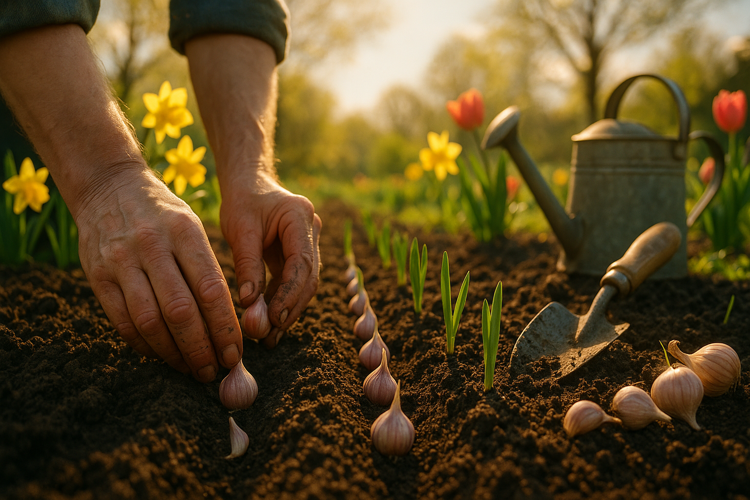 Подготовленная грядка с бороздками и аккуратно посаженными зубчиками чеснока осенью