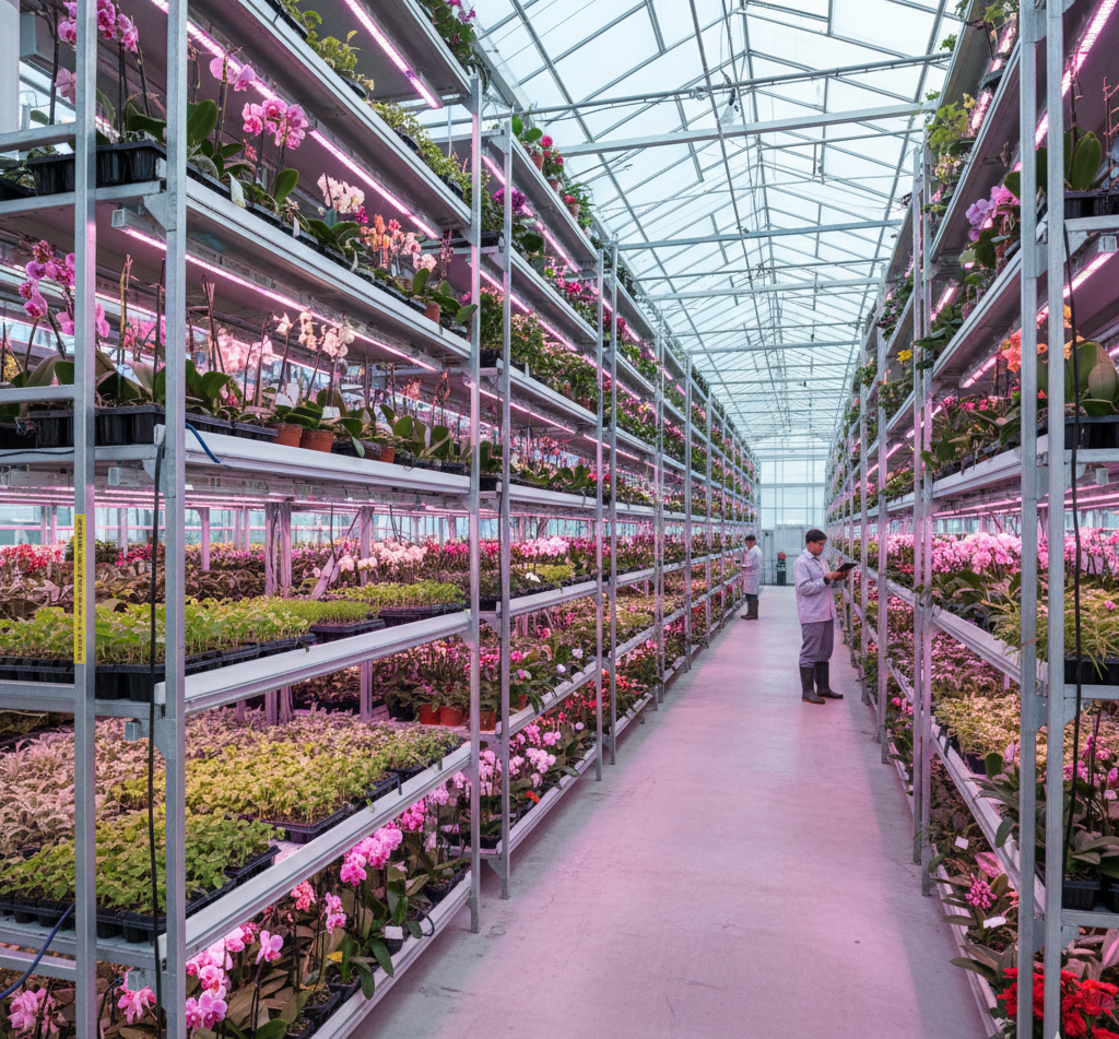 Выращивание цветочных растений на нескольких ярусах стеллажей в промышленных масштабах