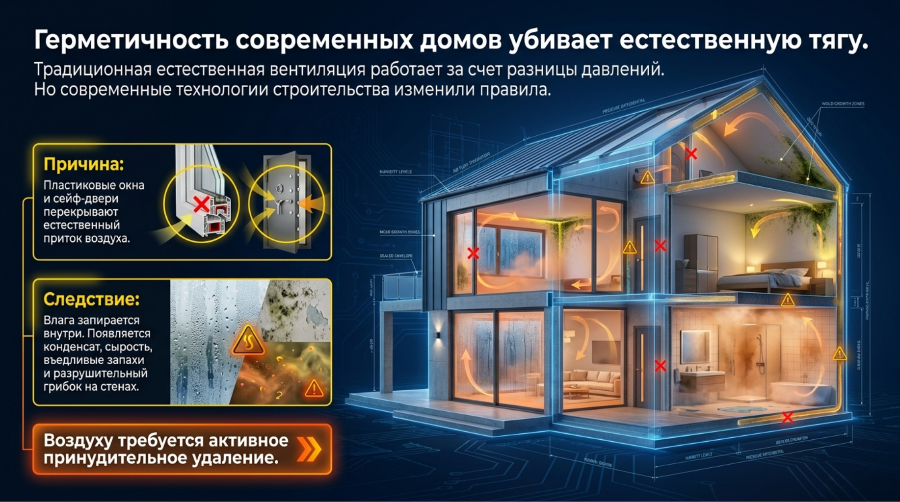 Современные дома требуют активное принудительное удаление воздуха, и приток свежего.