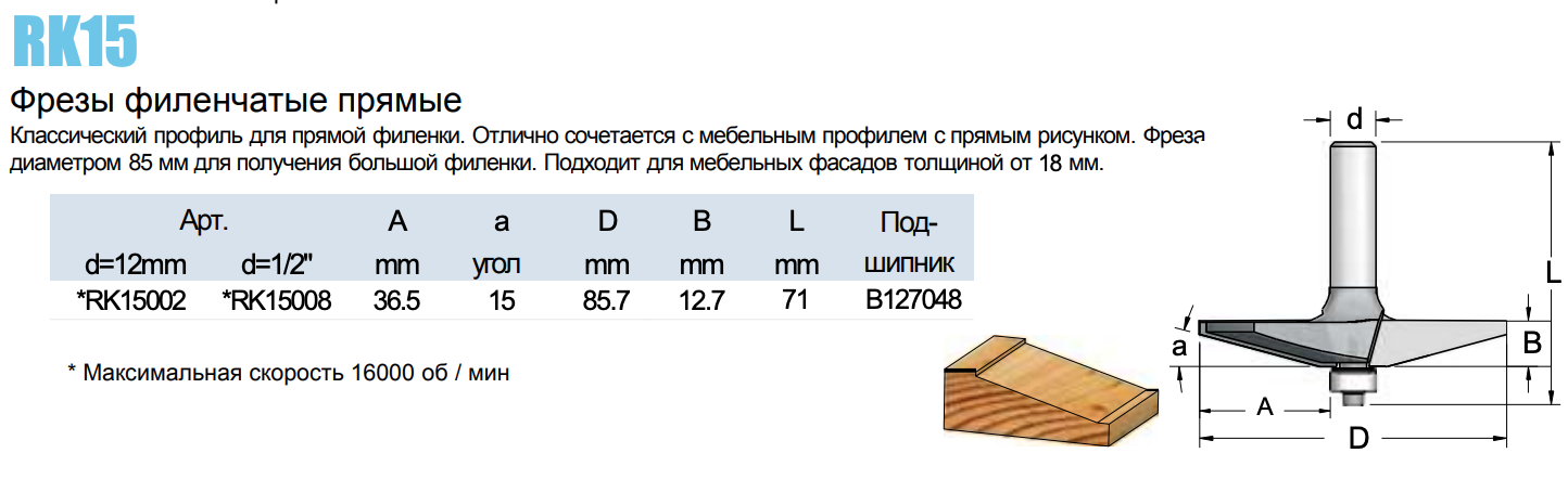 RK15 Фрезы филенчатые прямые Классический профиль для прямой филенки. Отлично сочетается с мебельным профилем с прямым рисунком. Фреза диаметром 85 мм для получения большой филенки. Подходит для мебельных фасадов толщиной от 18 мм.