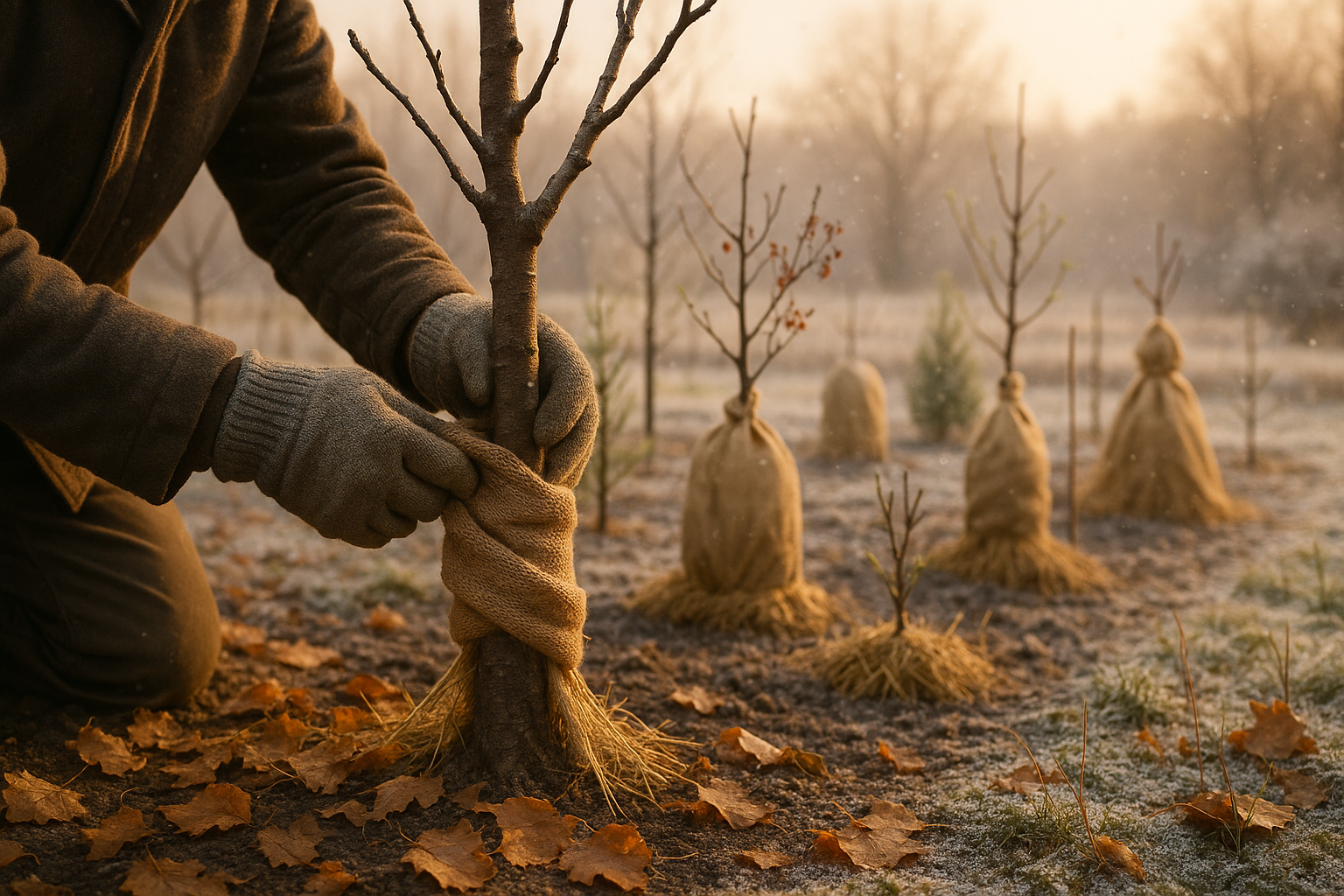 Укрытие кустарников и деревьев на зиму с использованием спанбонда и мульчи для защиты от мороза