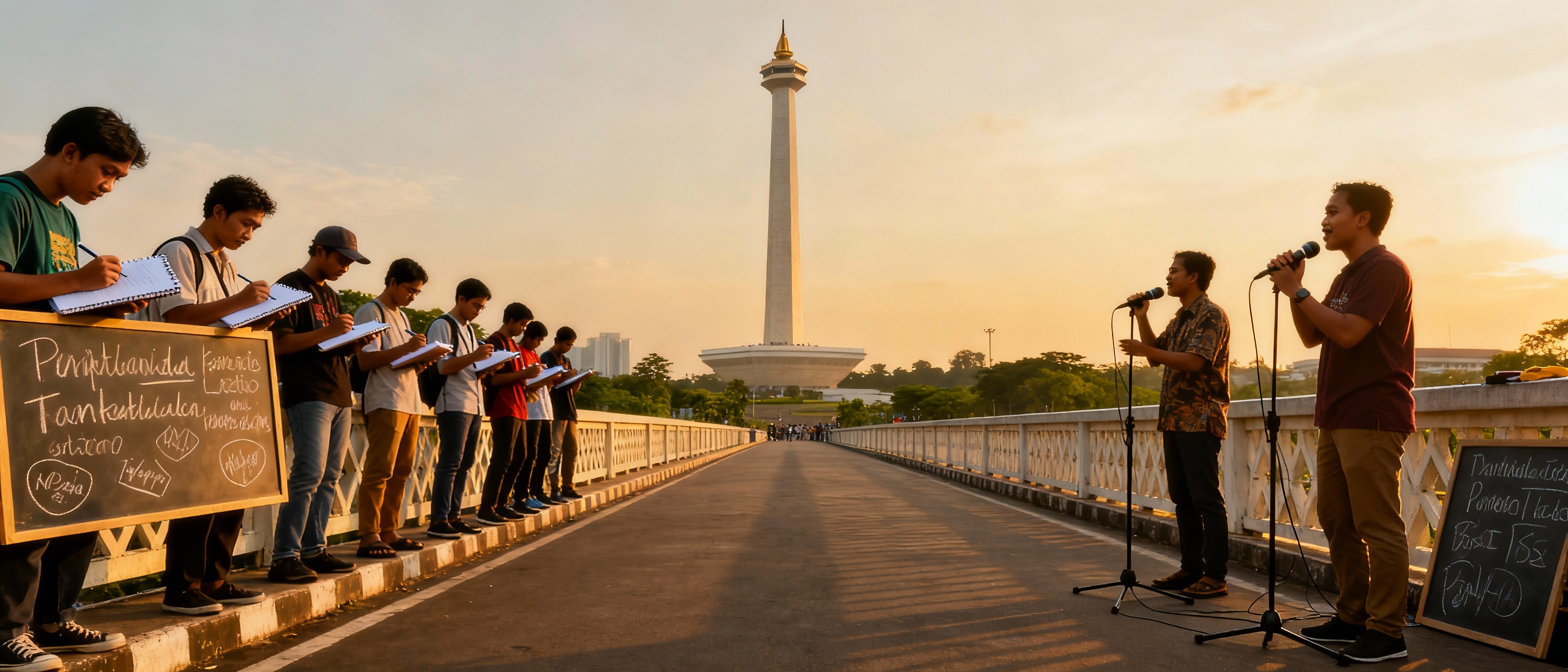 <img src="jakarta-speaking-bridge.jpg" alt="Jakarta communication bridge writing to speaking National Monument">