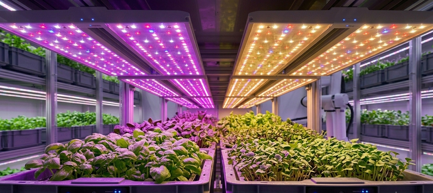 Детальный крупный план системы адаптивного LED освещения. Изображение демонстрирует две соседние секции: левая светится насыщенным фиолетово-розовым спектром (для вегетации), правая &mdash; теплым золотисто-янтарным (для цветения). Панели светодиодов четко определены. Под ними &mdash; темно-серые жесткие пластиковые Росподдоны с микрозеленью и базиликом. Сцена передает точный контроль.