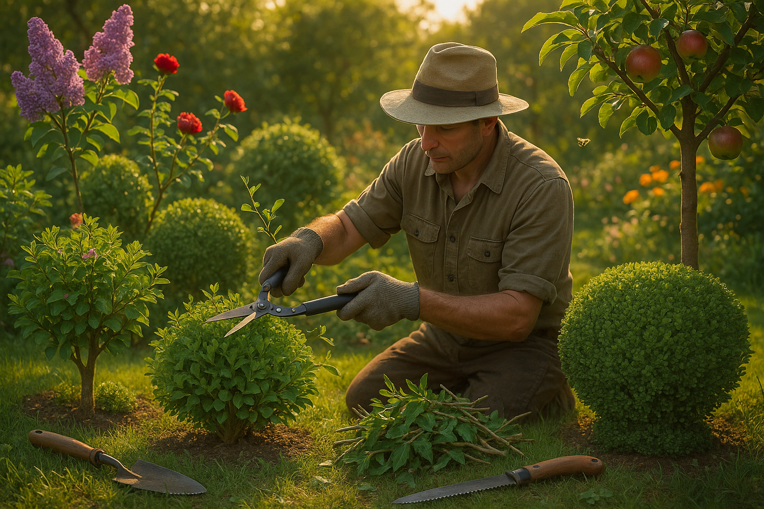 Схема омолаживающей обрезки старого дерева с обозначением точек среза ветвей для стимулирования роста молодых побегов