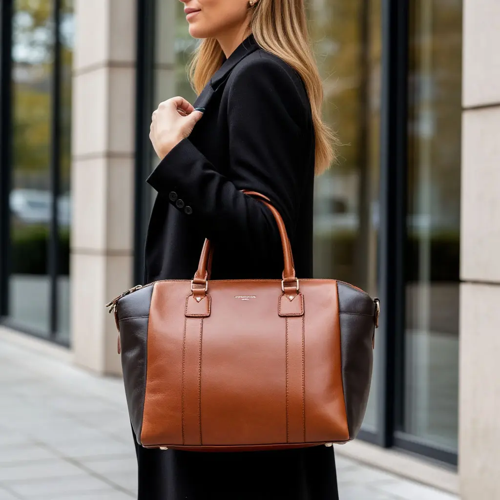 Уверенный в себе человек выходит из офисного здания с идеально подобранной стильной и практичной сумкой.webp