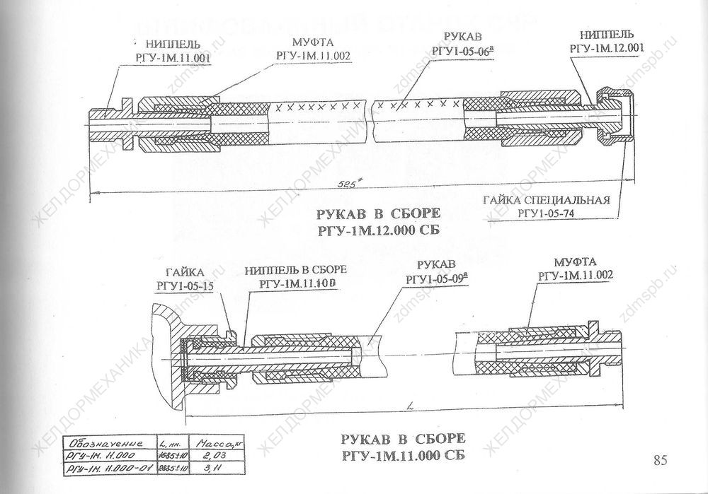 Стр. 85 Чертежи Рукав в сборе РГУ-1М.11.000СБ, Рукав в сборе РГУ-1М.12.000СБ 