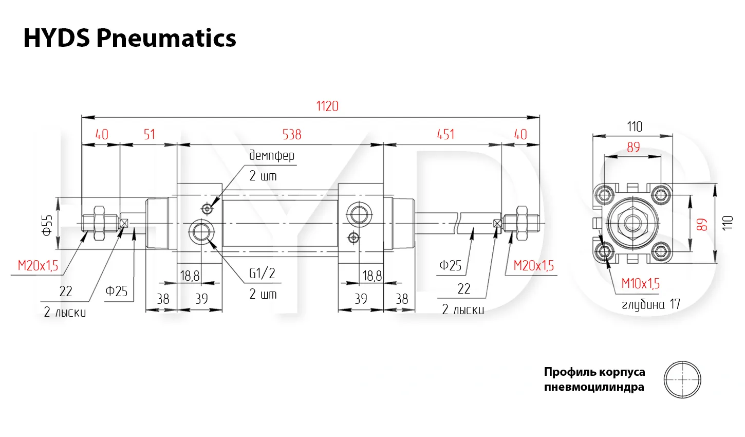 Размеры пневмоцилиндра DSBG-100-400-T-PPV-A-N3