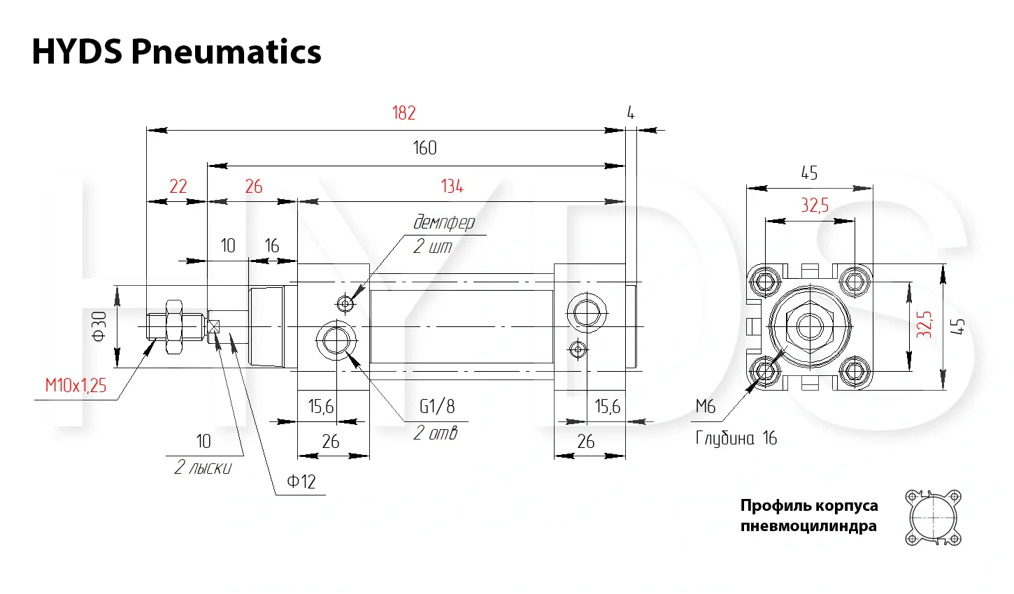 Размеры пневмоцилиндра DSBC-32-40-PPV-A-N3