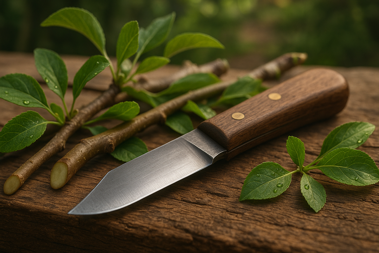 Прививочный нож с острым лезвием и точильным камнем в работе