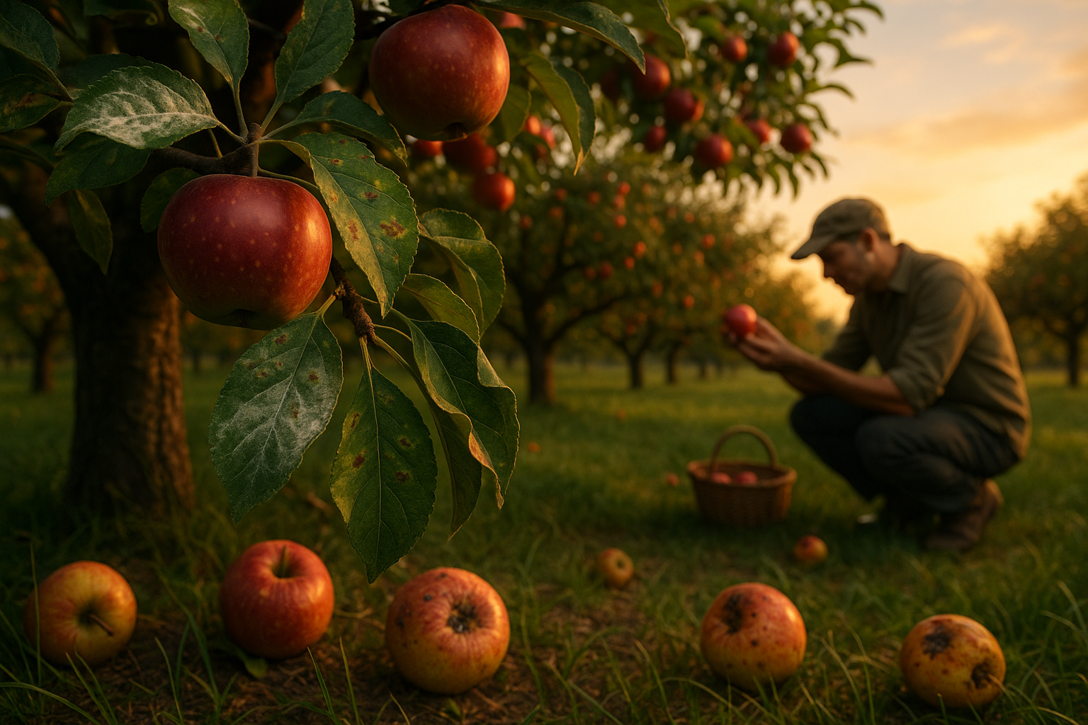 Больное яблоневое дерево с признаками основных заболеваний, включая паршу, монилиоз и черный рак