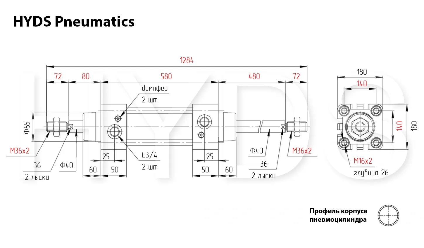 Размеры пневмоцилиндра DSBG-160-400-T-PPV-A-N3
