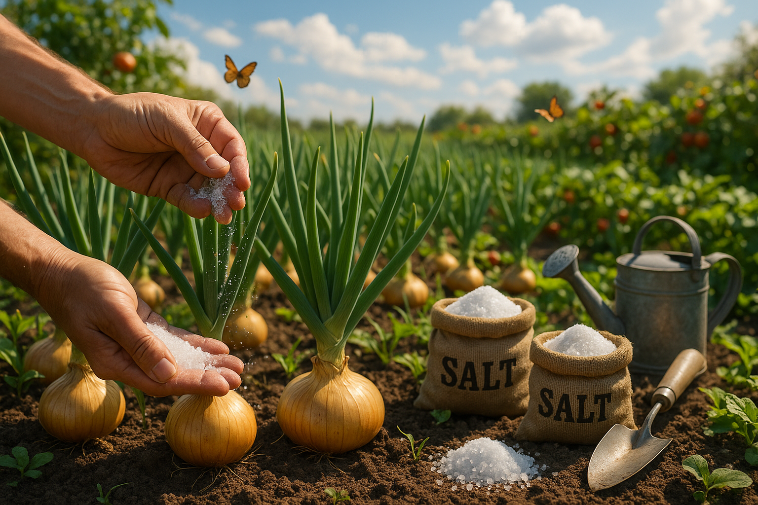 Свежий лук на грядке во время внекорневой подкормки с опрыскивателем