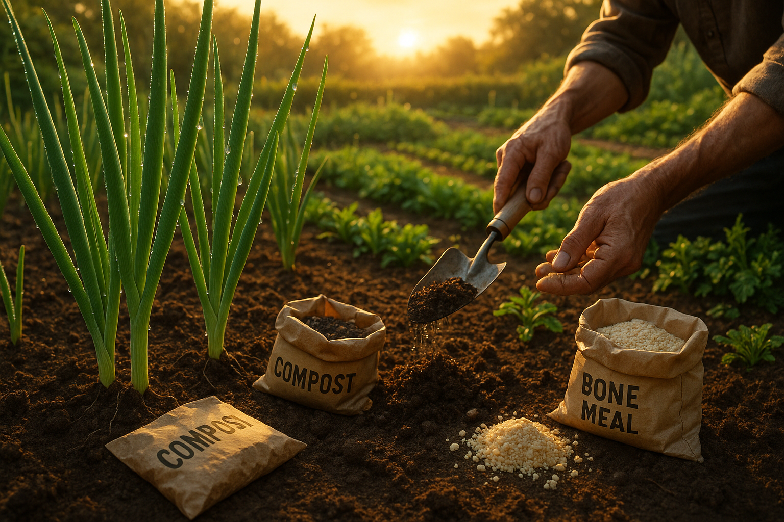 Луковая грядка и процесс подкормки аммиачной селитрой для роста и урожайности