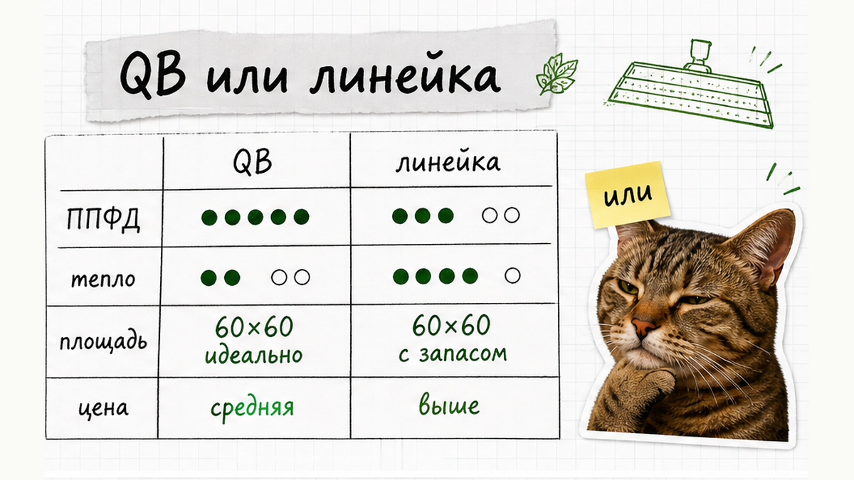 Сравнение Quantum Board и линейной лампы в гроубоксе: таблица критериев