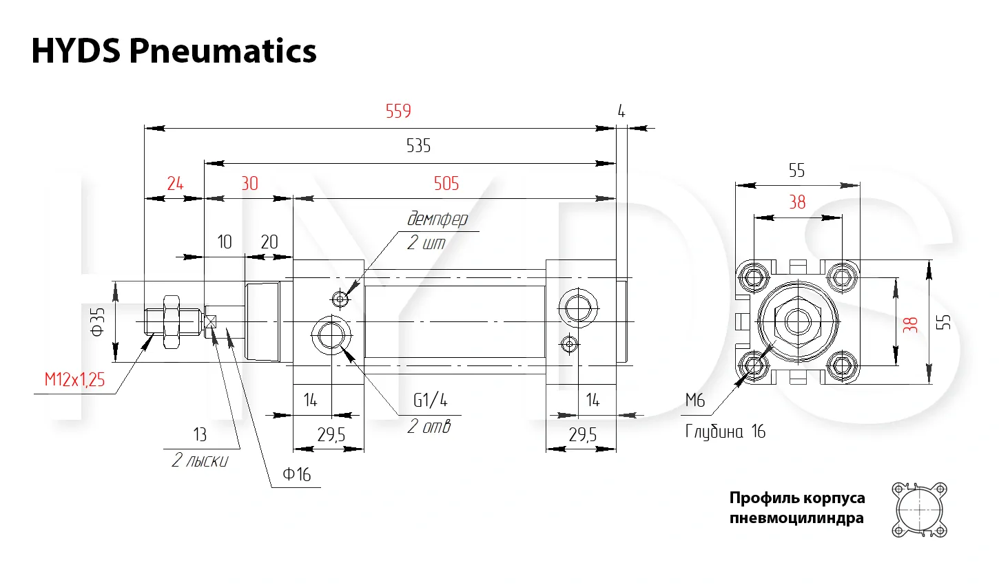 Размеры пневмоцилиндра DSBC-40-400-PPV-A-N3