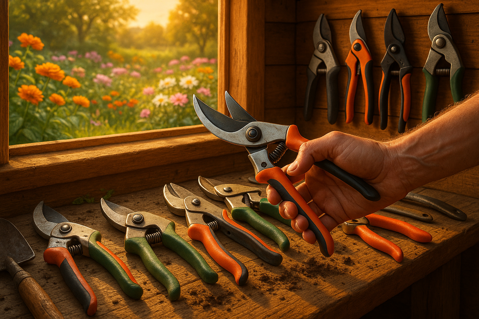 Садовый секатор с острыми лезвиями для обрезки веток на фоне зеленого сада