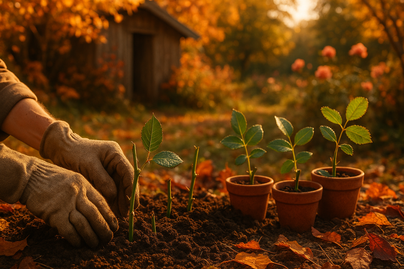 Черенок розы, наклонно посаженный в подготовленный грунт под углом 45 градусов для осеннего размножения