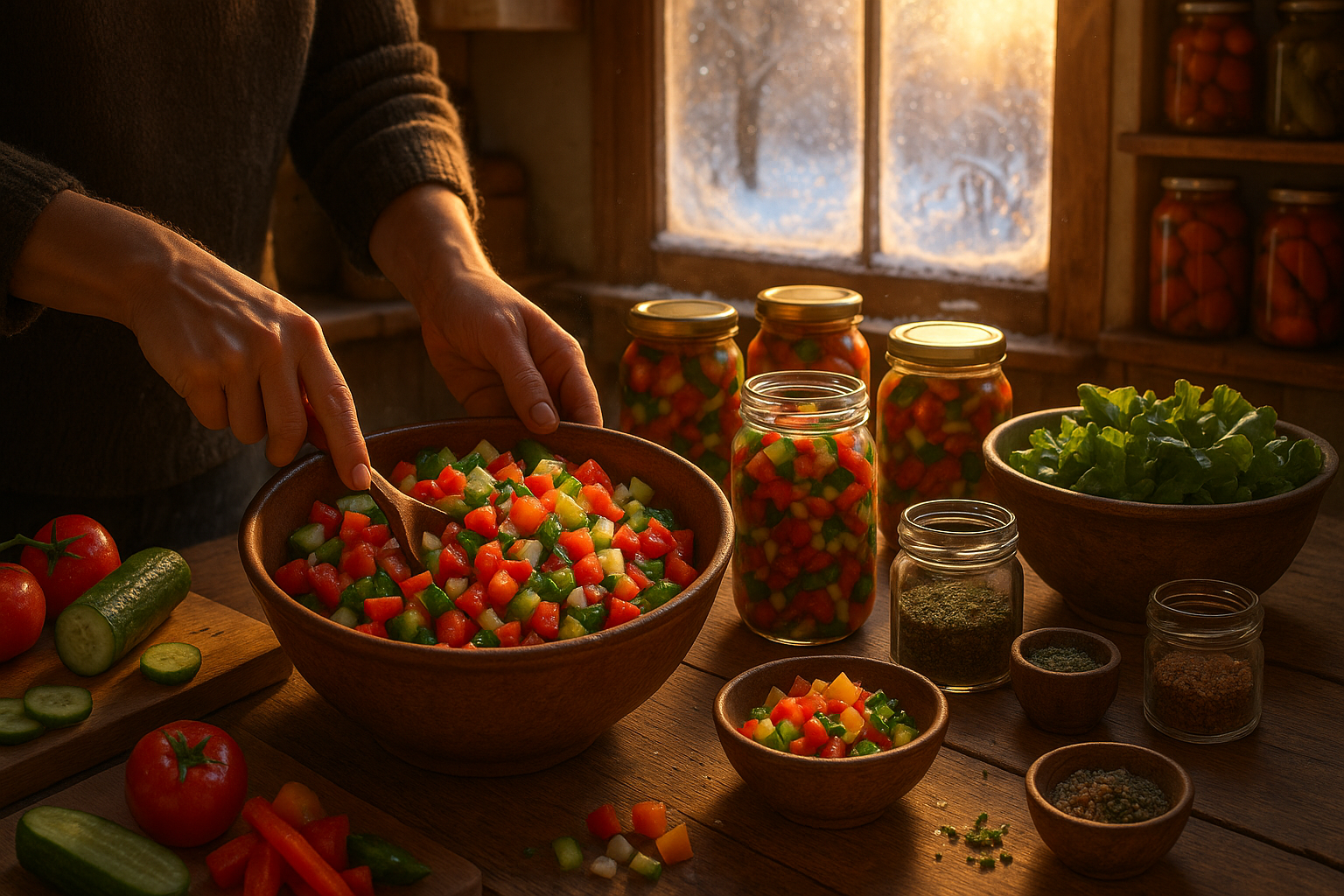 Банки с домашними овощными ассорти и салатами из огородных овощей на зиму