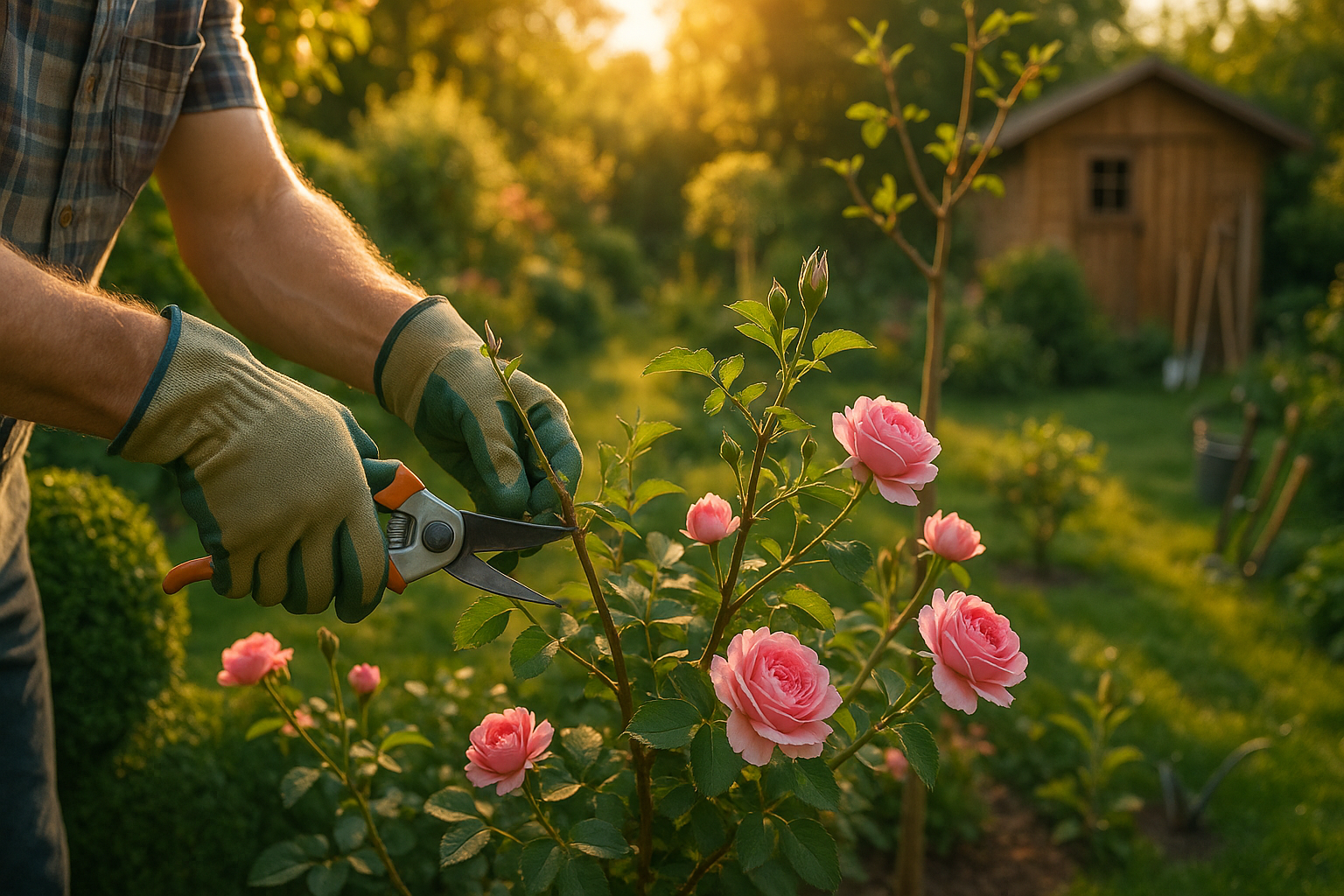 Садовый секатор с острыми лезвиями для обрезки веток на фоне зеленого сада