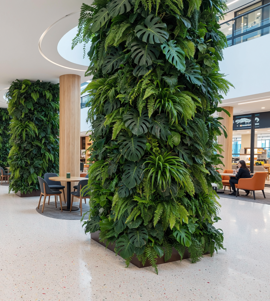 Вертикальное озеленение бизнес-центра: декор колонн искусственными лианами и ампельными растениями в холле