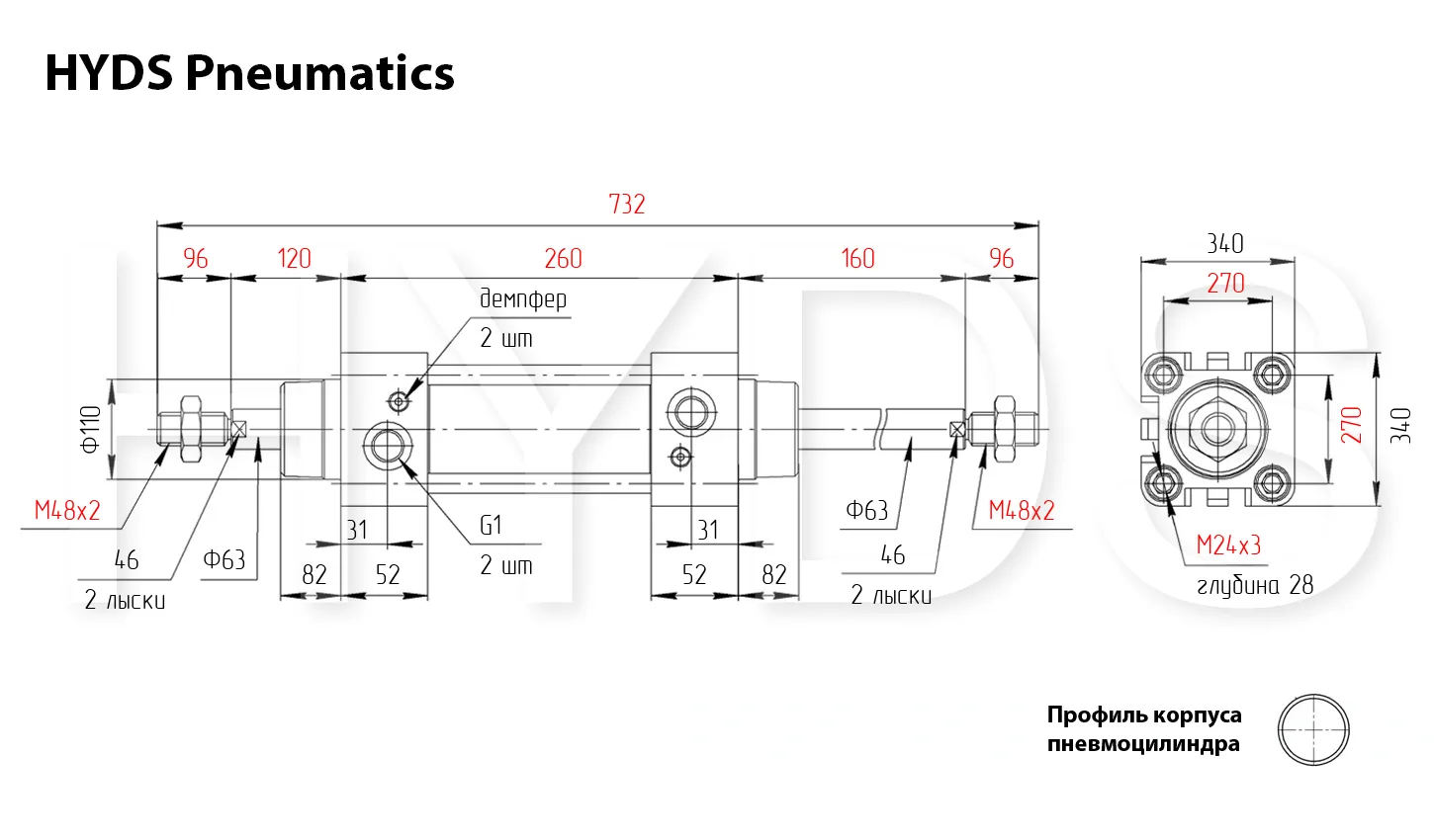Размеры пневмоцилиндра DSBG-320-40-T-PPV-A-N3