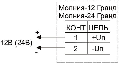 Схема подключения для светового оповещателя МОЛНИЯ-12 ГРАНД (МС) и МОЛНИЯ-24 ГРАНД (МС)