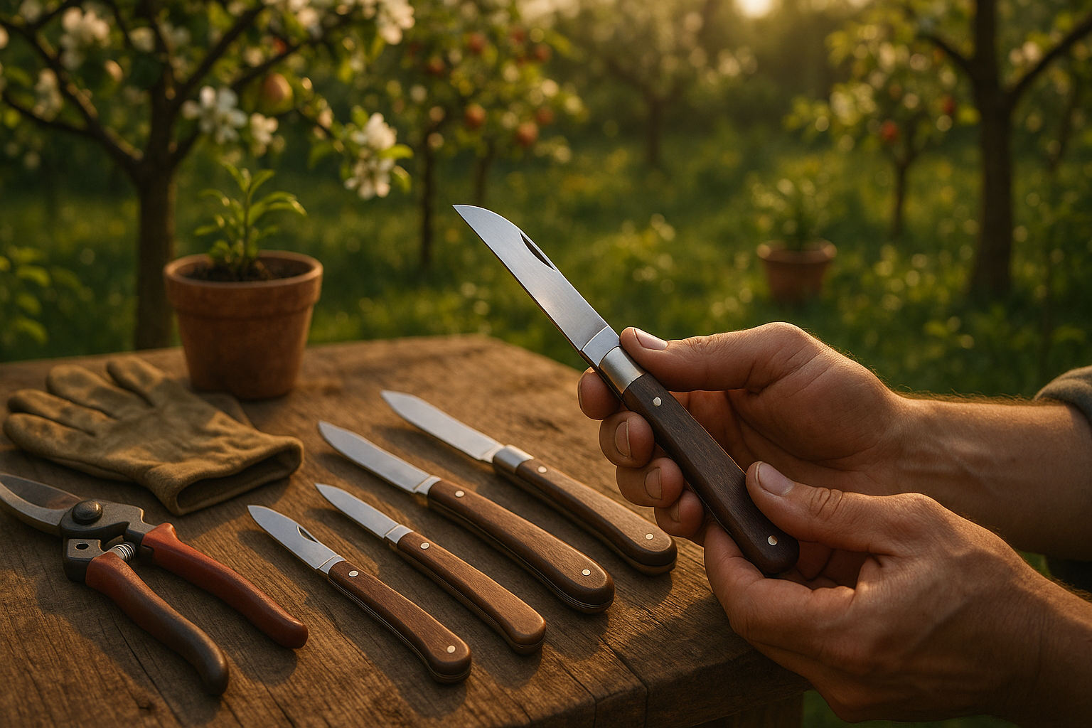 Прививочный нож для копулировки с острым односторонним лезвием на деревянной поверхности