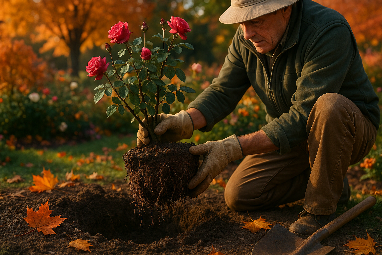 Плетистая роза с корнями в процессе осенней пересадки в саду