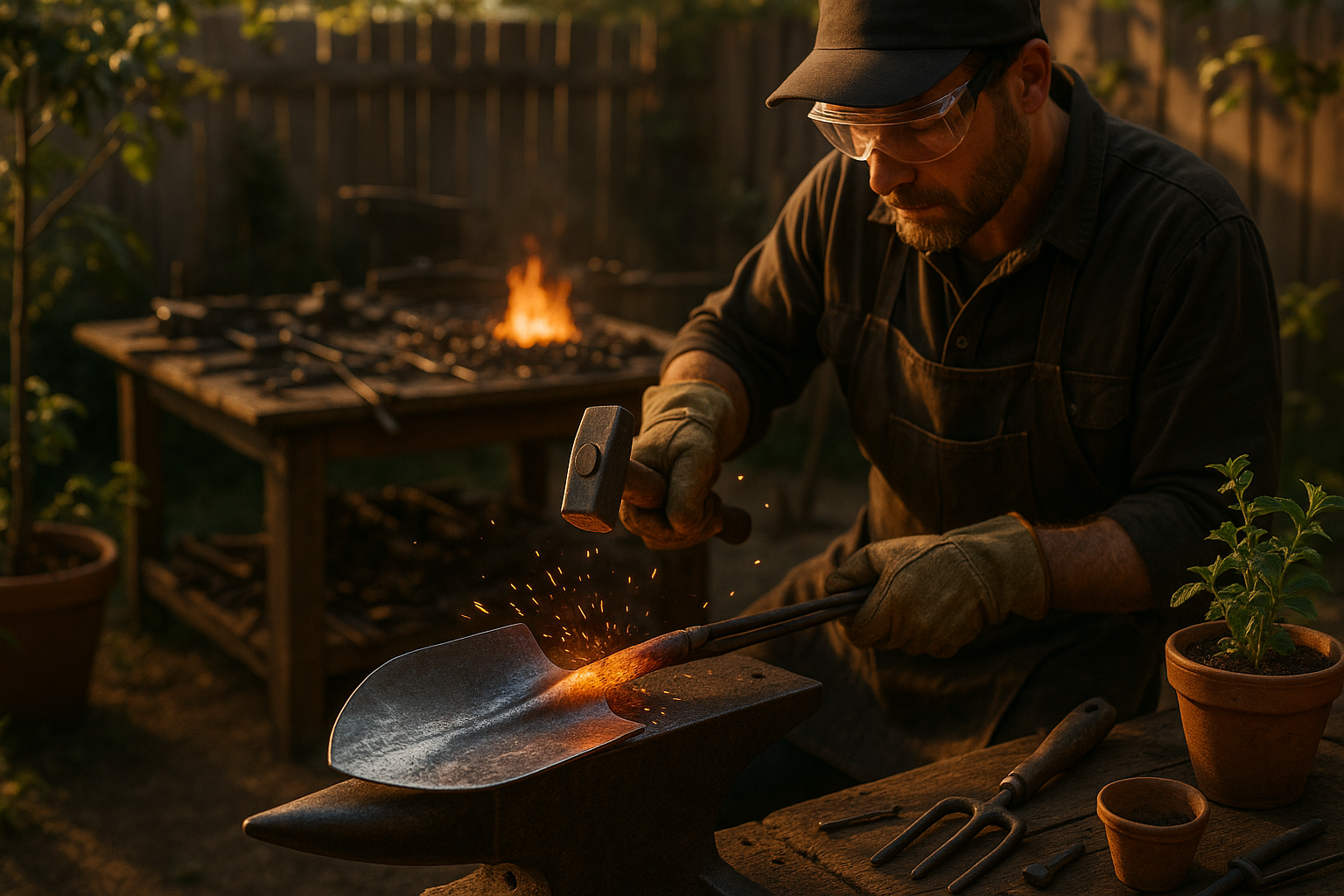 Самодельная садовая лопата из металла и дерева на фоне инструментов