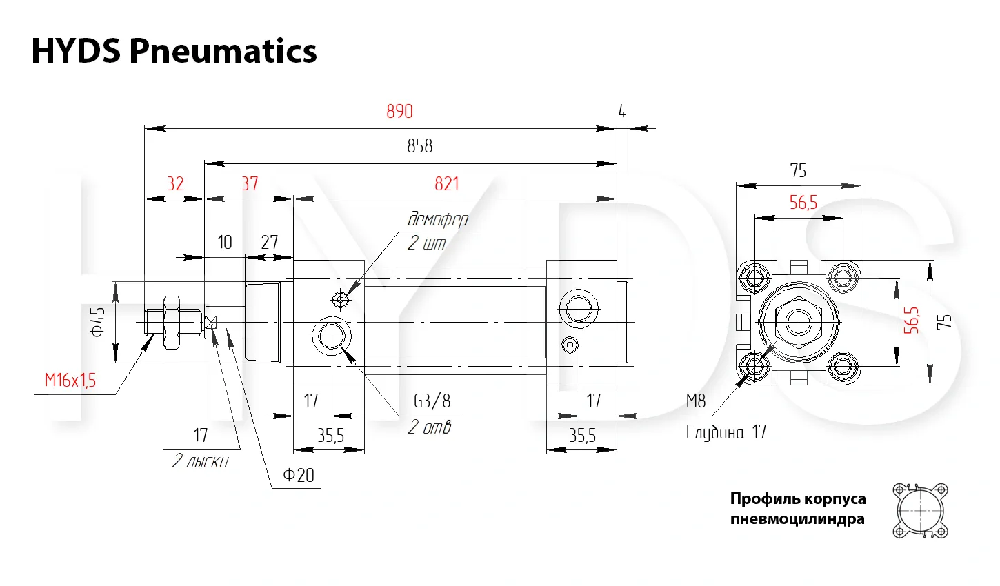 Размеры пневмоцилиндра DSBC-63-700-PPV-A-N3