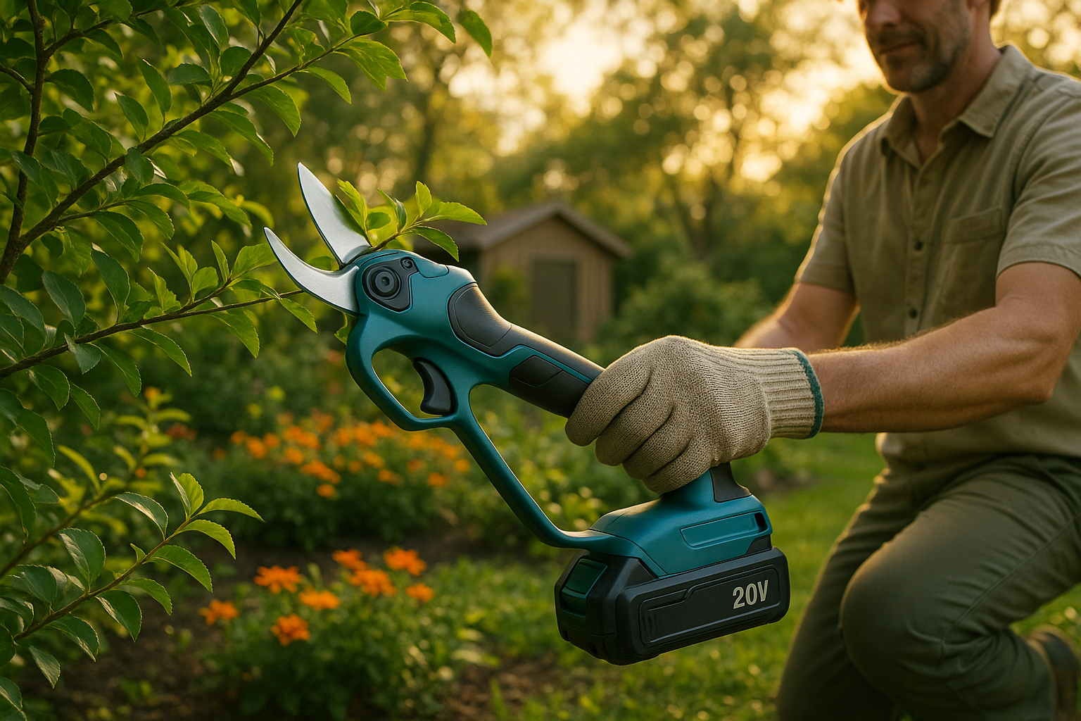 Аккумуляторный сучкорез с устойчивой рукояткой и цепной пилой на фоне зеленого сада