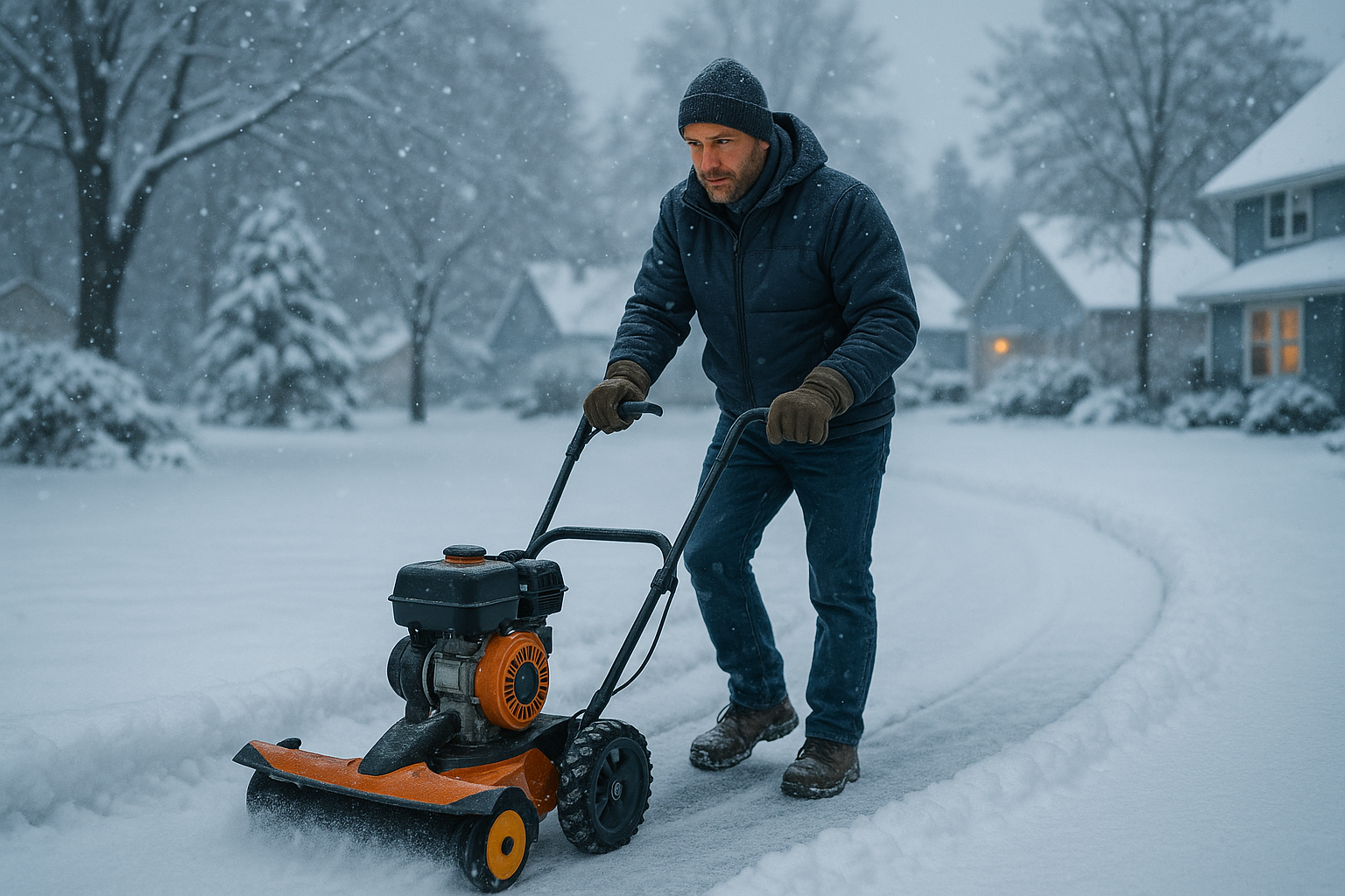 Электрический снегоуборщик с выбросом снега на зимнем участке