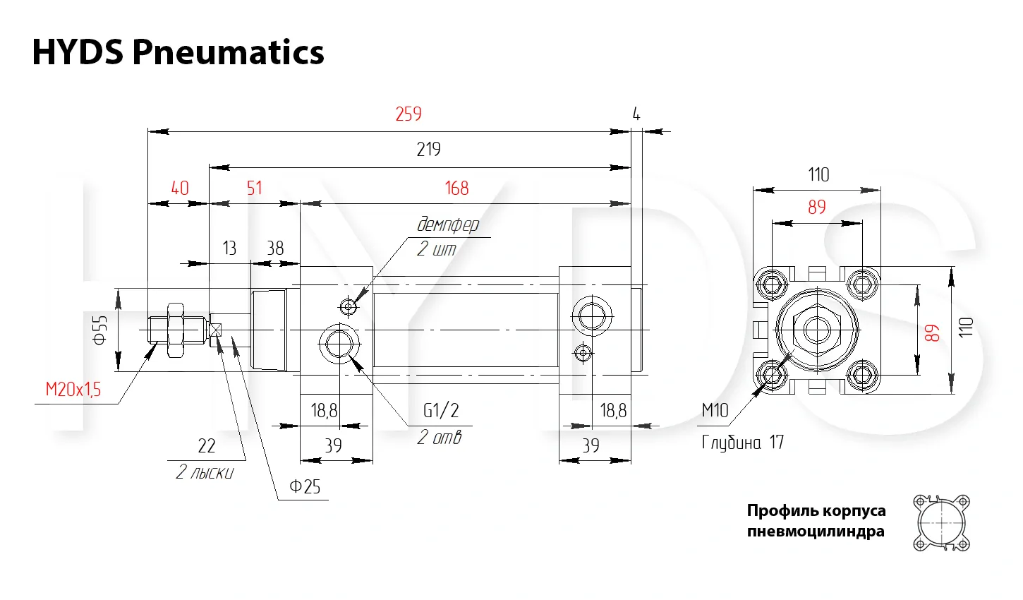 Размеры пневмоцилиндра DSBC-100-30-PPV-A-N3