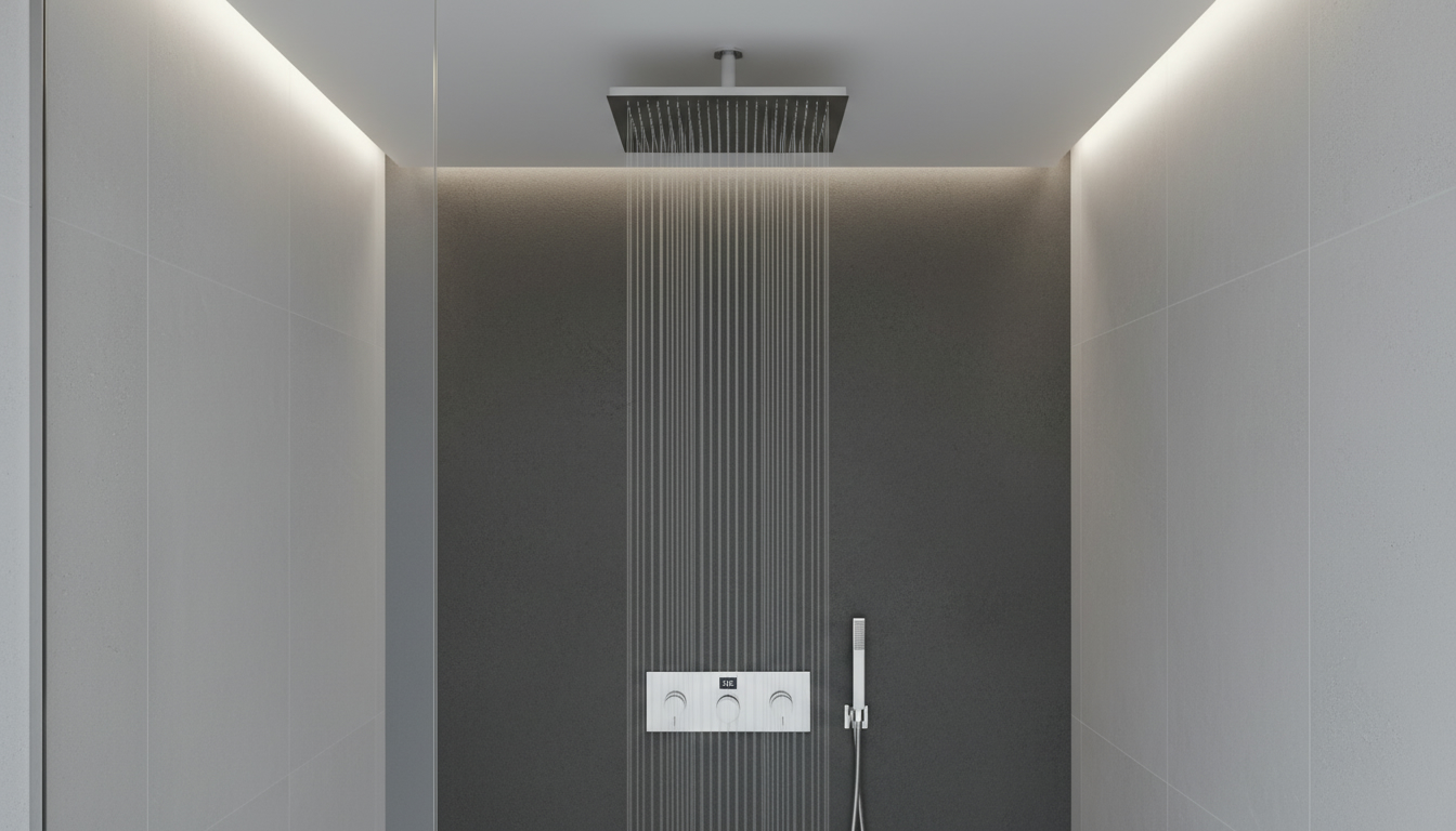 Встраиваемая душевая система с потолочной лейкой и скрытым корпусом смесителя. Эффект дождя из потолка и лаконичная панель управления на стене.