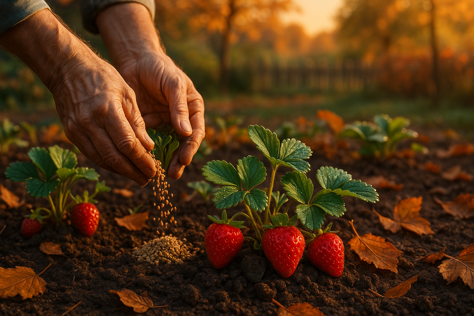 Куст клубники после обрезки с зелёными листьями и здоровыми ягодами на фоне удобрений и мульчи