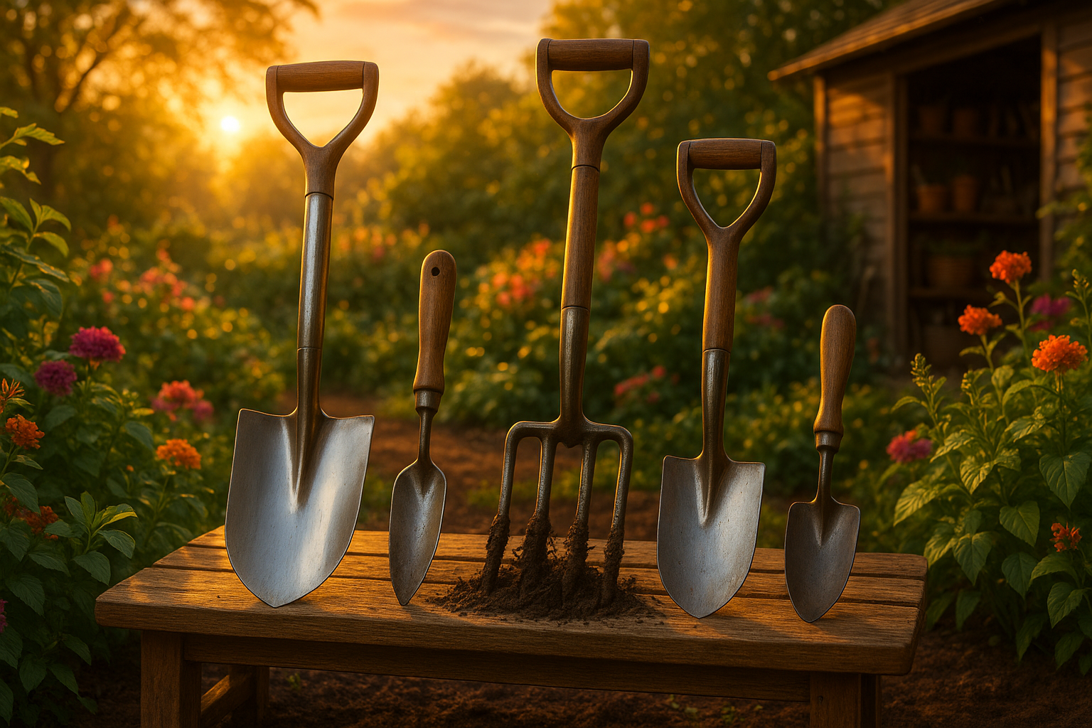 Садовая лопата с деревянной рукояткой и прочным металлическим лезвием на фоне огородного участка